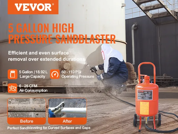VEVOR zandstraler - 5 gallon hogedruk zandstraler voor efficiënte oppervlakteverwijdering, voor en na gebruik.