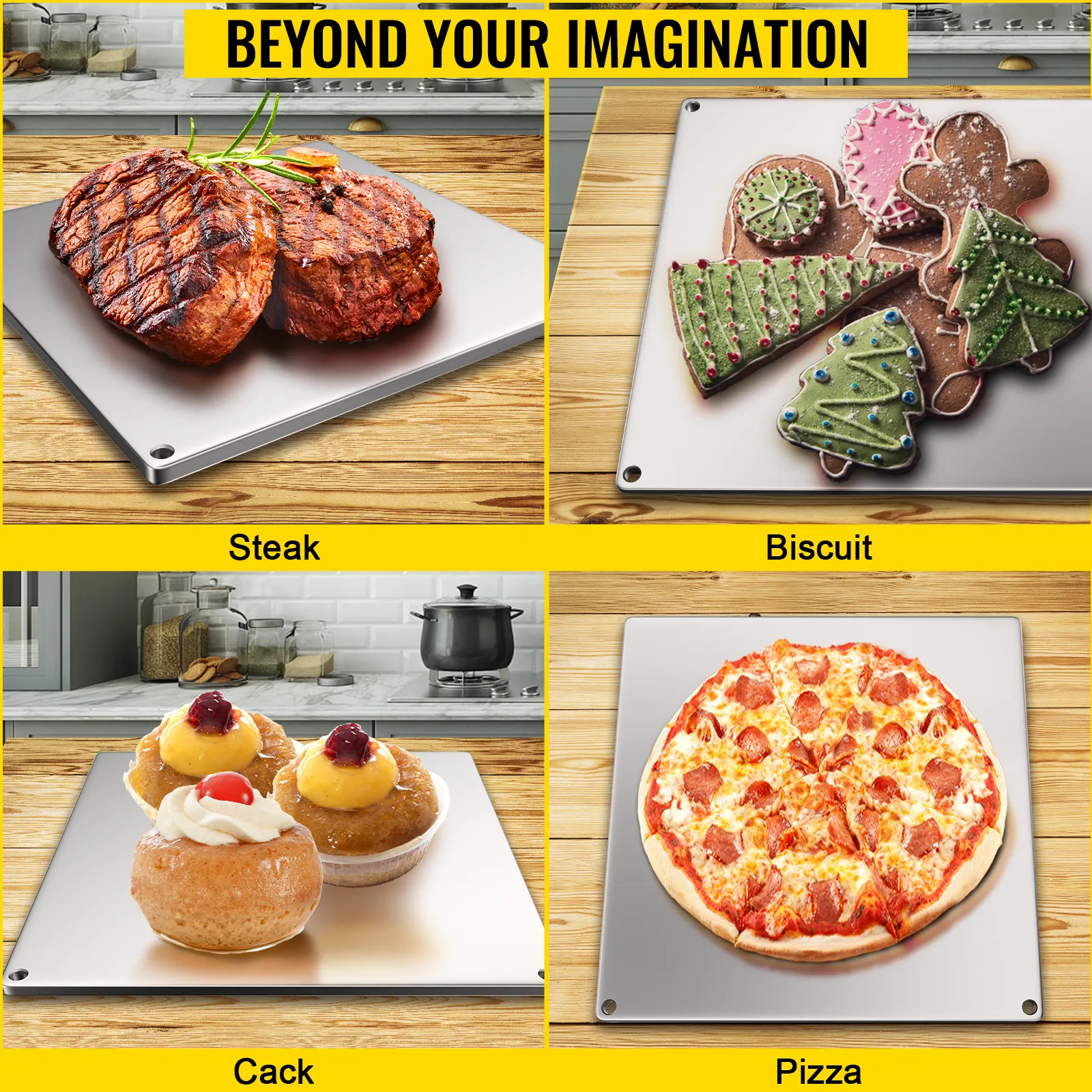 Piedra de acero para hornear pizza VEVOR para carnes, galletas, pasteles y pizza sobre una mesa de madera.