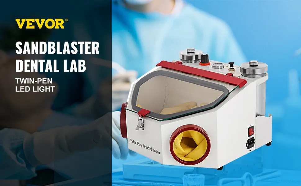 VEVOR twin pen sandblaster dental lab with led light in a clinical setting