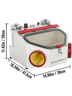 VEVOR twin pen sandblaster with dimensions: 16.34in x 14.96in x 11.42in.