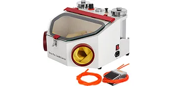 VEVOR twin pen sandblaster with red accents and foot pedal.