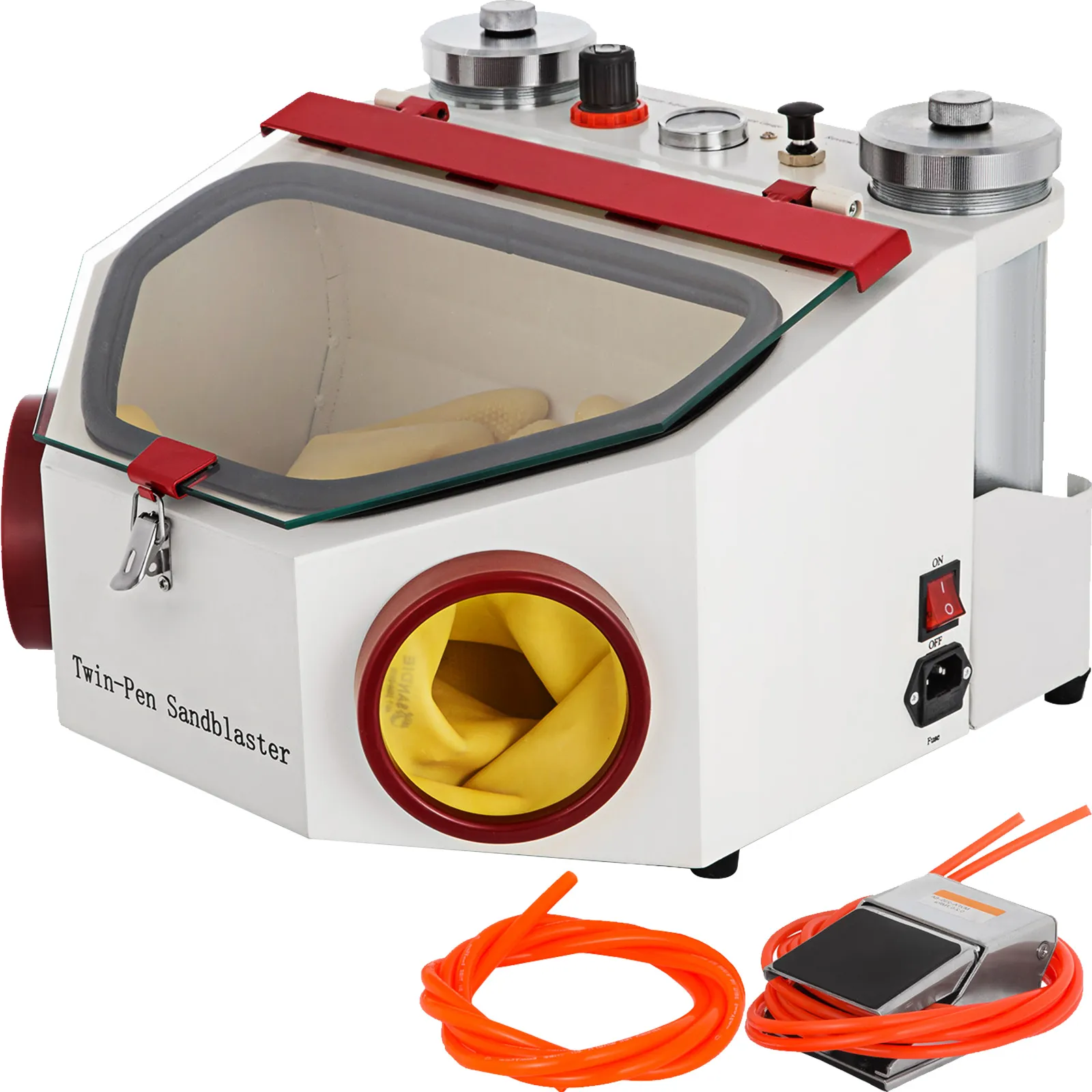 VEVOR twin pen sandblaster with gloves, control knobs, and foot pedal.