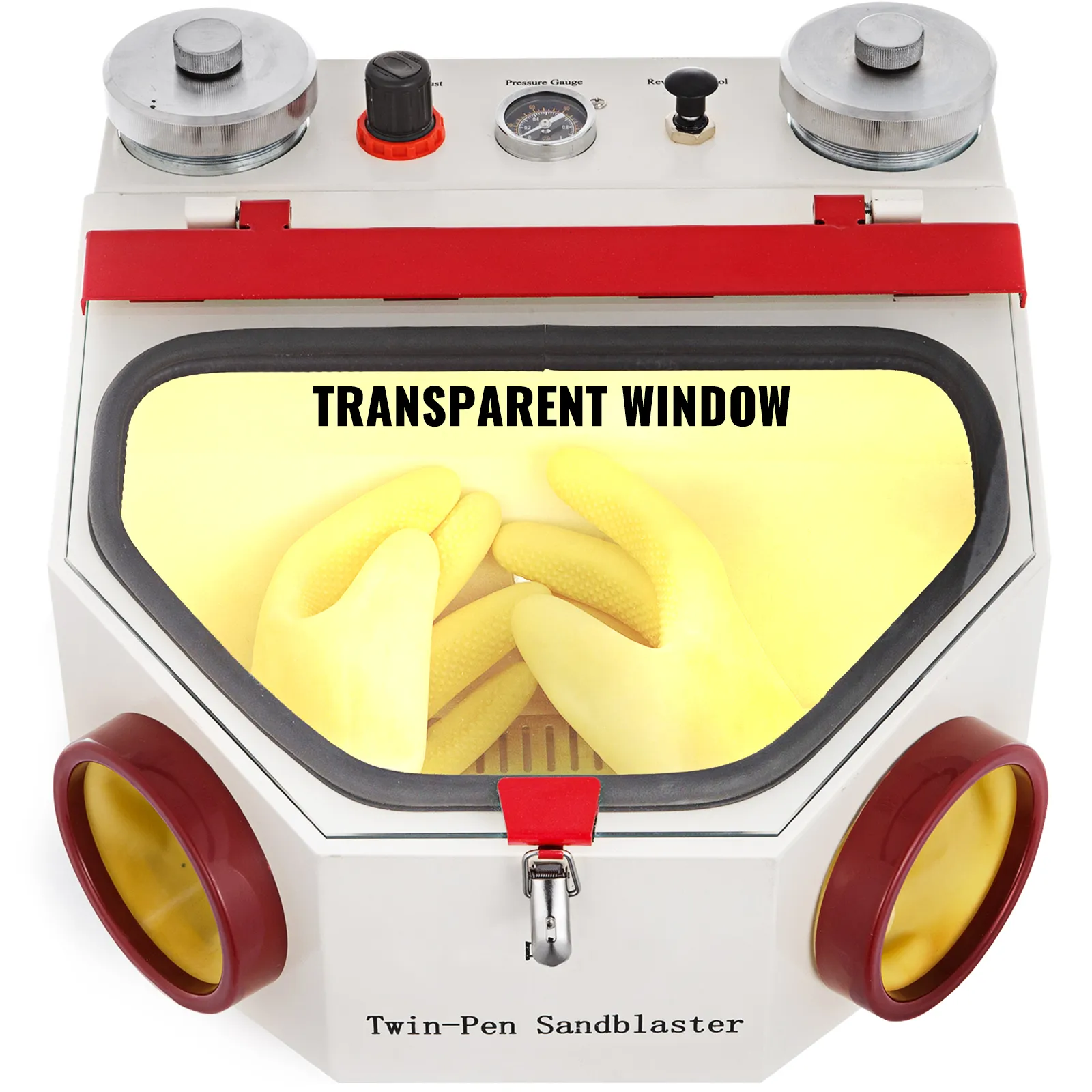 VEVOR twin pen sandblaster with a transparent window and yellow gloves inside.