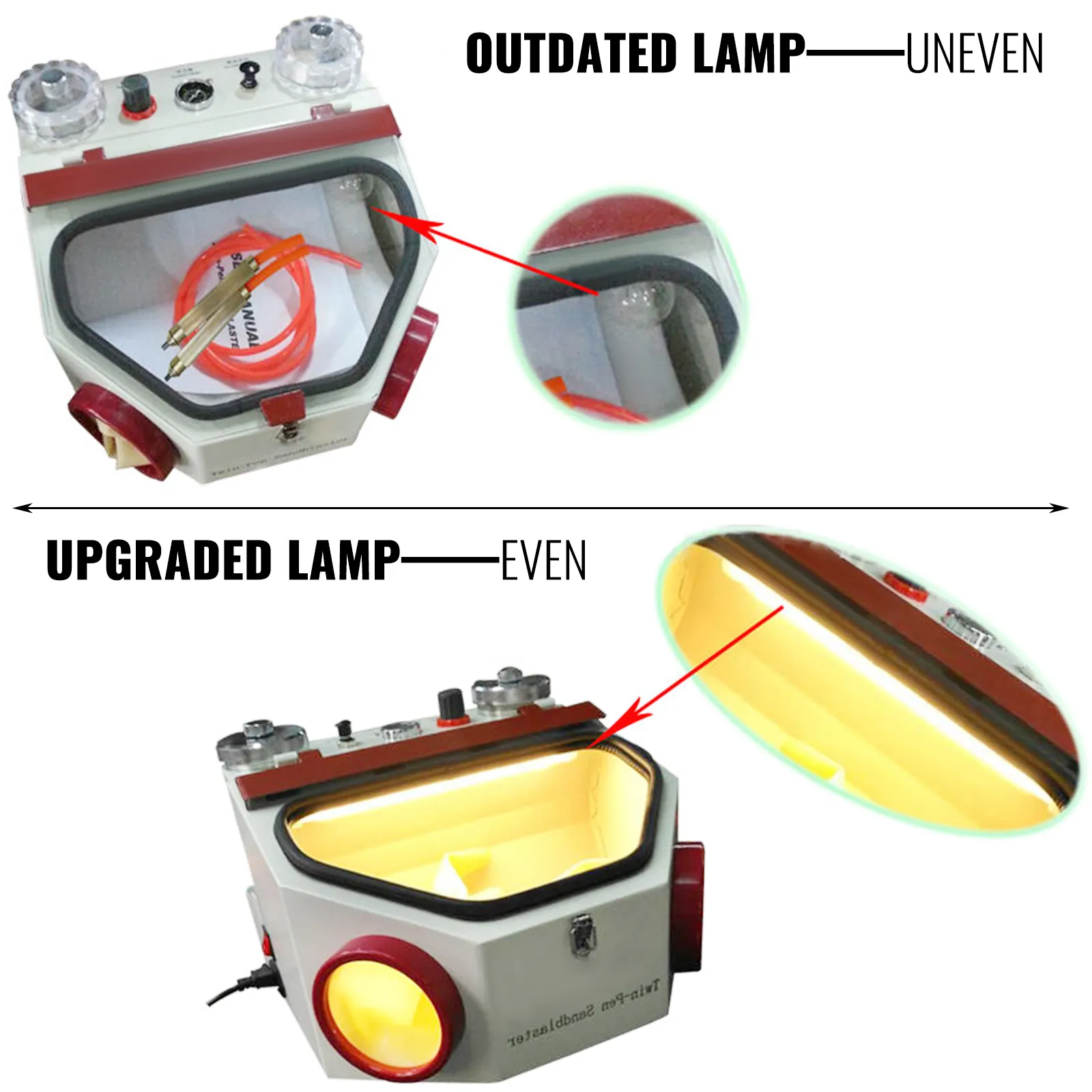 comparison of VEVOR twin pen sandblaster with outdated and upgraded lamps.