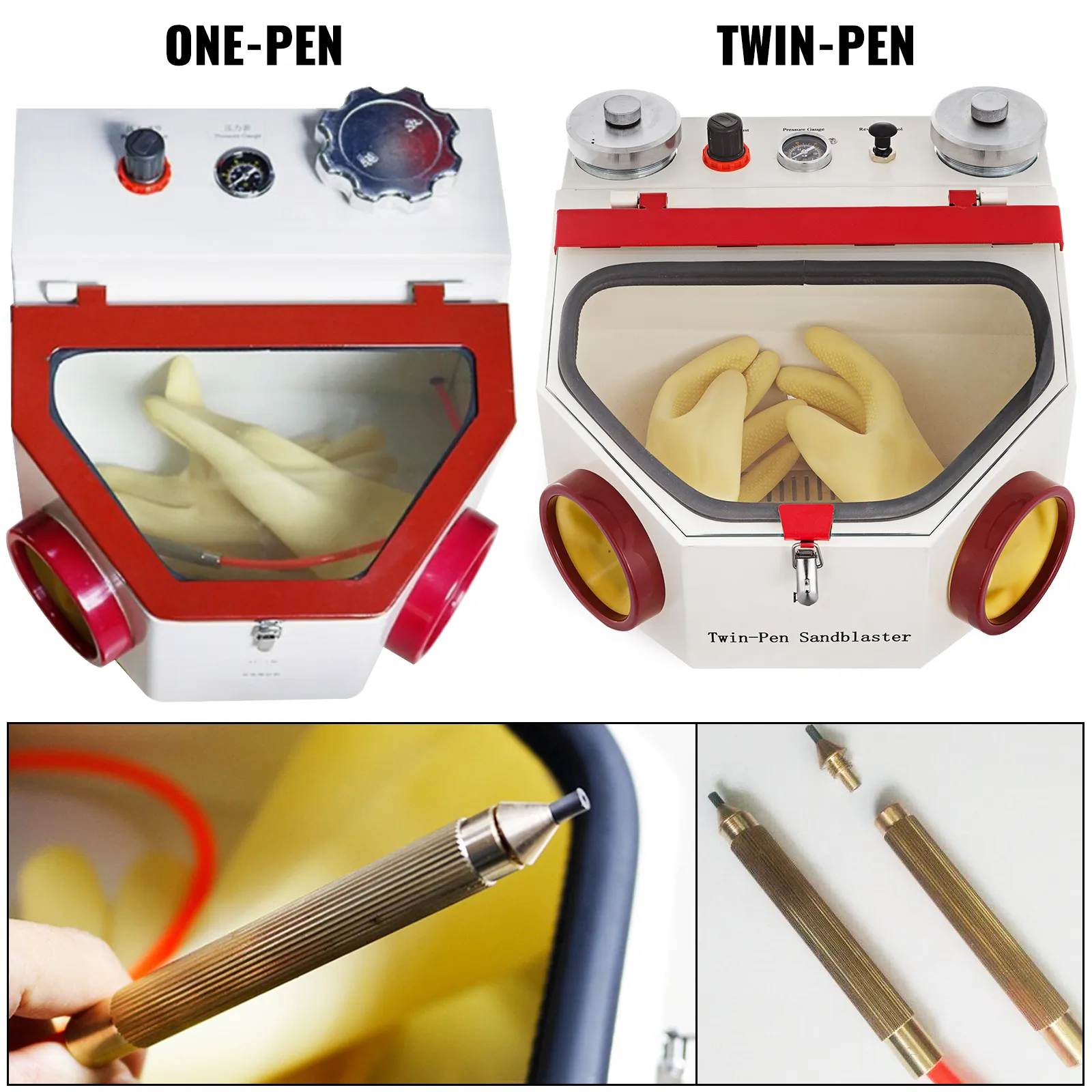 one-pen and VEVOR twin-pen sandblaster comparison with close-ups of sandblasting pens.