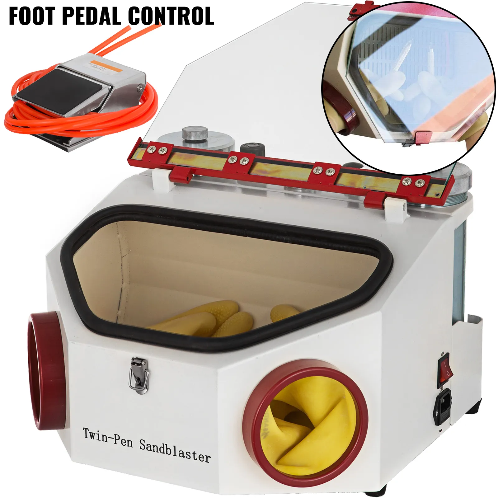VEVOR twin pen sandblaster with foot pedal control, yellow gloves, and viewing window.