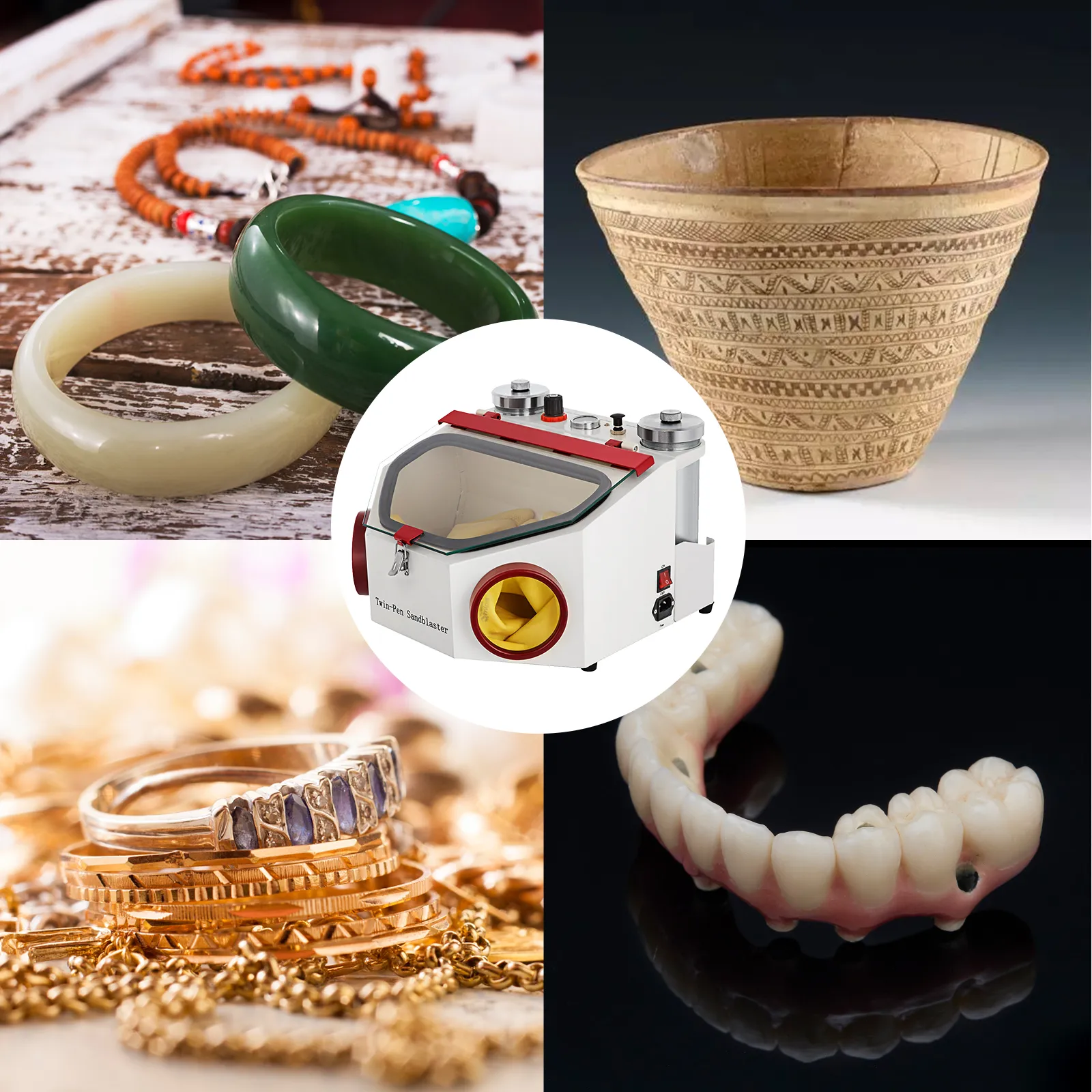 VEVOR twin pen sandblaster with jewelry, bracelets, dental mold, and ceramic bowl.