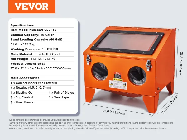 Spezifikationen der Sandstrahlkabine von VEVOR mit orangefarbener Stahlstruktur, Abmessungen und Auflistung der wichtigsten Zubehörteile.