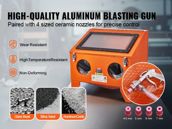 hochwertige VEVOR Sandstrahlkabine mit Aluminium-Strahlpistole und 4 Keramikdüsen für präzise Kontrolle.