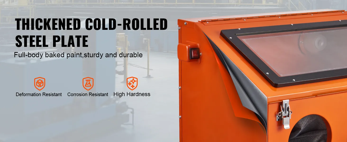 thickened cold-rolled steel plate on VEVOR sandblasting cabinet, sturdy, corrosion-resistant, high hardness.