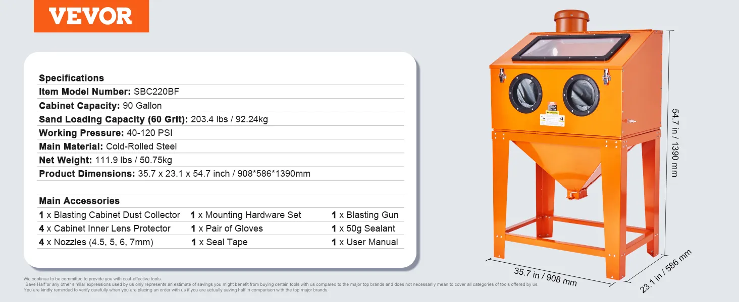 VEVOR sandblasting cabinet sbc220bf, orange, 90-gallon capacity, 203.4 lbs sand load, 35.7x23.1x54.7 inch.