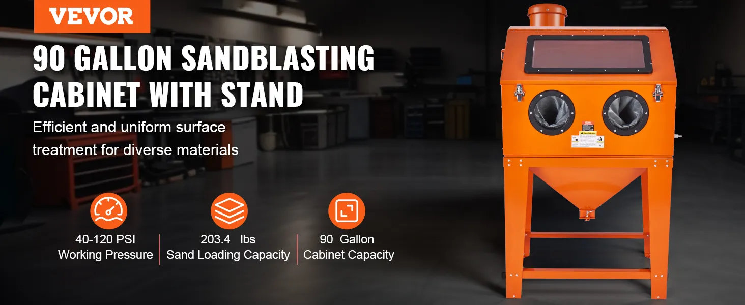 VEVOR sandblasting cabinet with stand, 90-gallon capacity, 203.4 lbs sand load, and 40-120 psi working pressure.