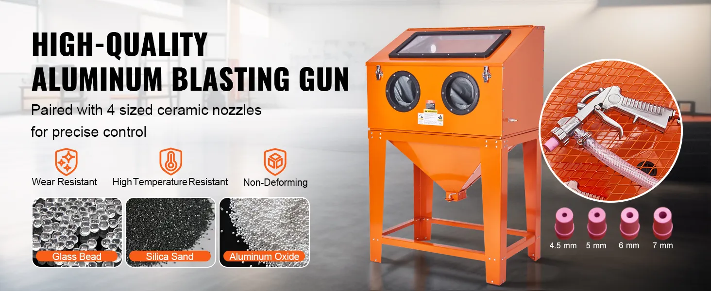 high-quality orange VEVOR sandblasting cabinet with ceramic nozzles for precise control and durability.