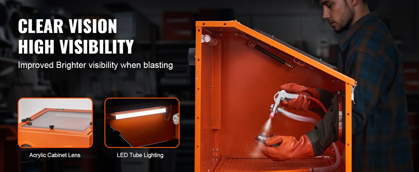VEVOR sandblasting cabinet with led tube lighting and acrylic cabinet lens for improved visibility.