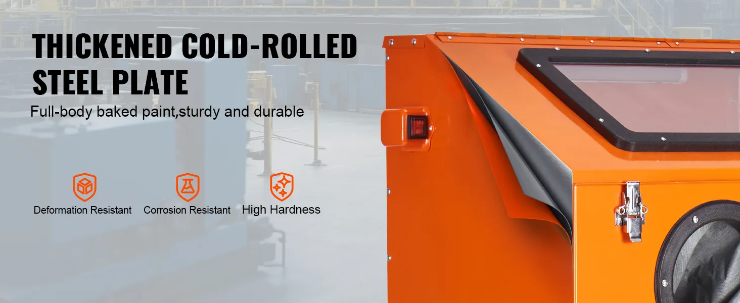 VEVOR sandblasting cabinet with thickened cold-rolled steel plate, sturdy, durable, corrosion resistant.