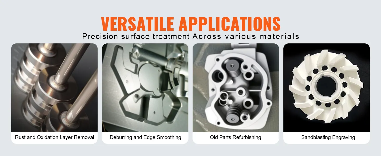 versatile applications of VEVOR sandblasting cabinet: rust removal, edge smoothing, parts refurbishing, engraving.