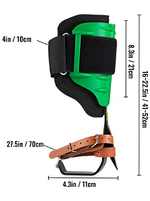 Pinchos para trepar árboles VEVOR con correas ajustables y medidas mostradas.