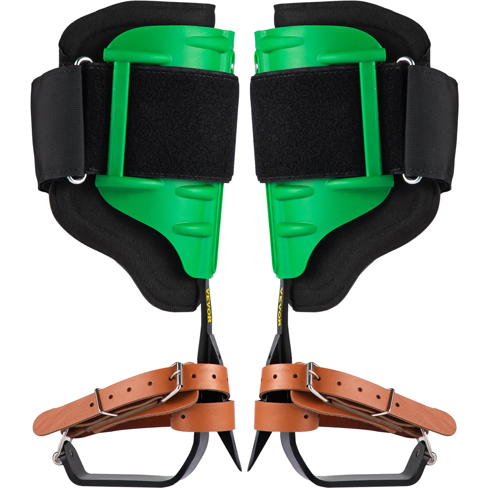 Pinchos para trepar árboles VEVOR verdes con acolchado negro y correas de cuero marrón.
