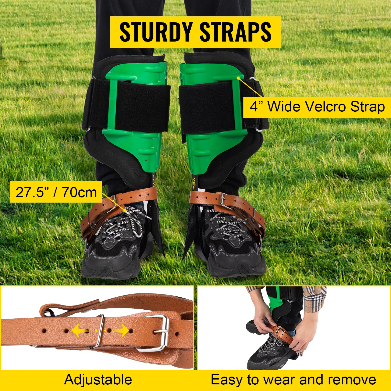 Pinchos para trepar árboles VEVOR con correas ajustables, velcro de 4" de ancho y diseño fácil de usar.