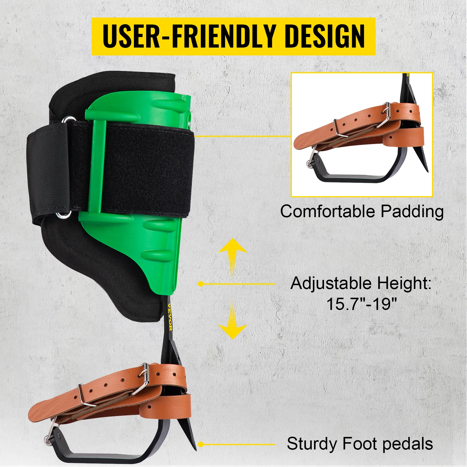 Pinchos para trepar árboles VEVOR con altura ajustable, acolchado cómodo y pedales resistentes.