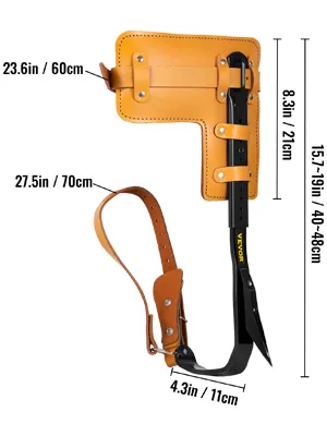 Juego de púas para trepar árboles VEVOR con correas de cuero ajustables y medidas detalladas.