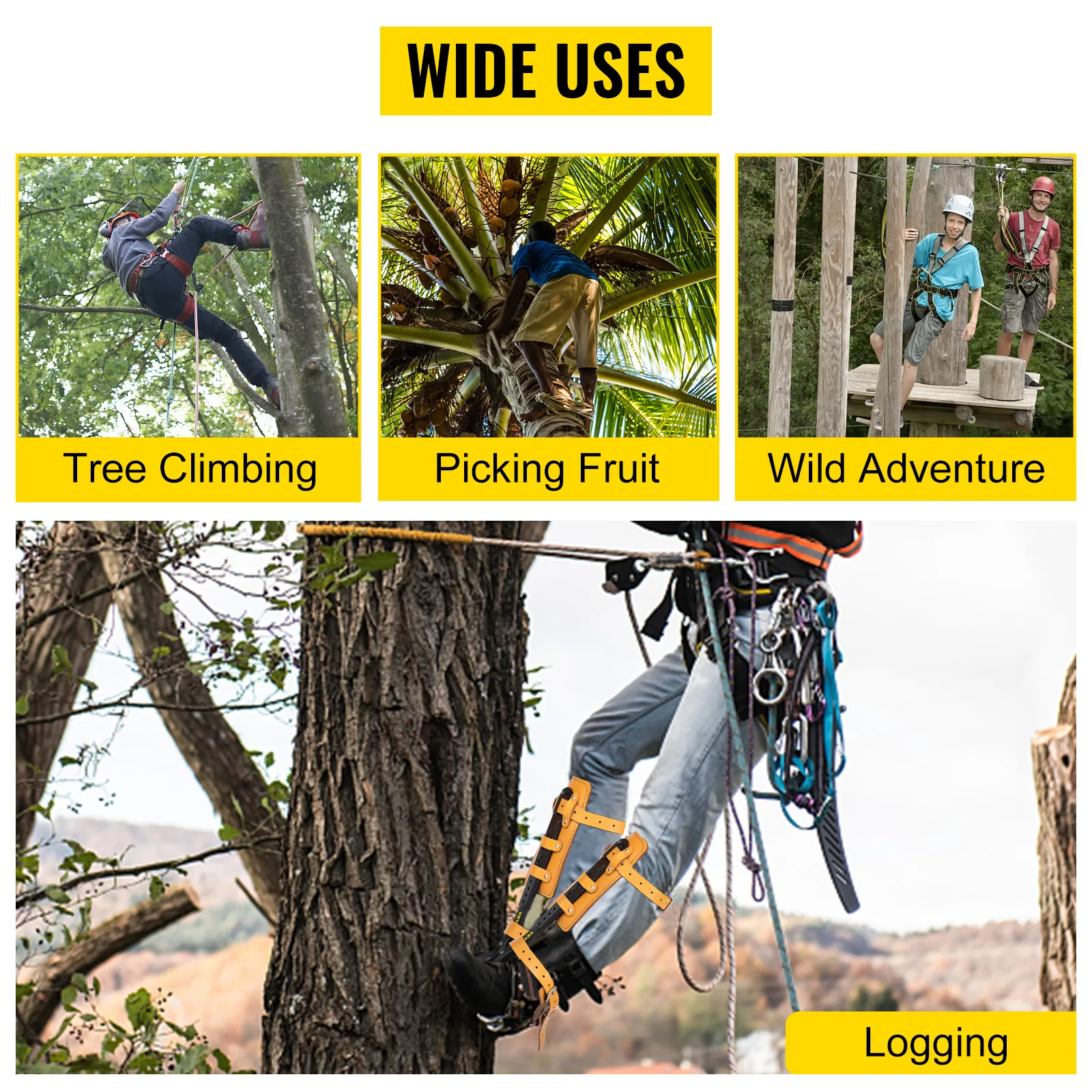 Amplios usos del juego de púas para trepar árboles VEVOR para trepar árboles, recoger frutas, aventuras salvajes y talar árboles.