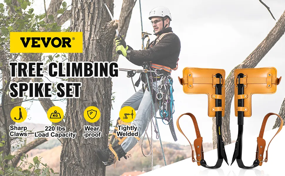 VEVOR tree climbing spikes set with sharp claws and 220 lbs load capacity.