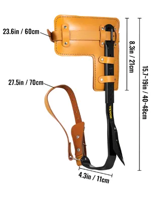 VEVOR tree climbing spikes with detailed measurements and leather straps.
