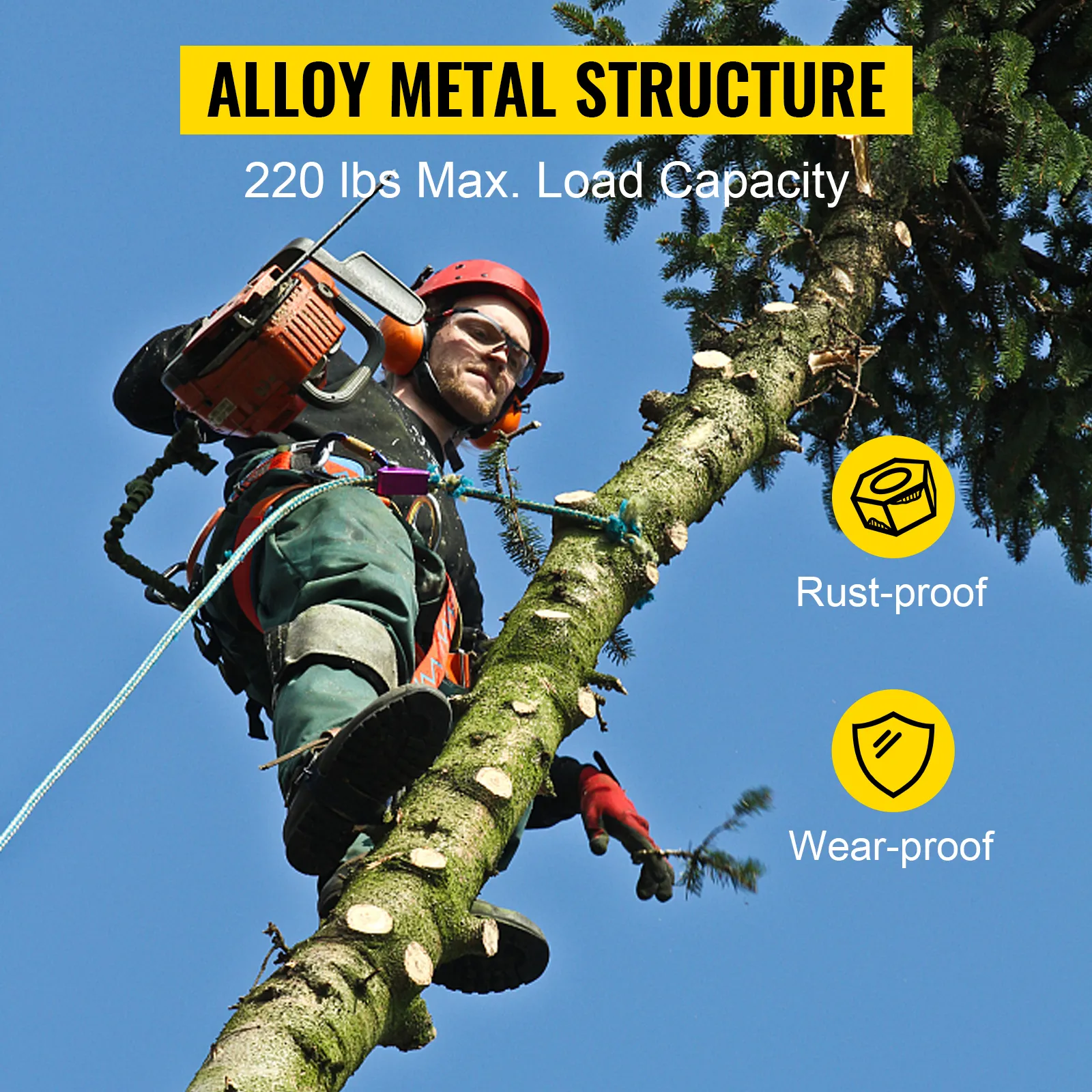 tree worker climbing with VEVOR tree climbing spikes, 220 lbs capacity, rust-proof, wear-proof.
