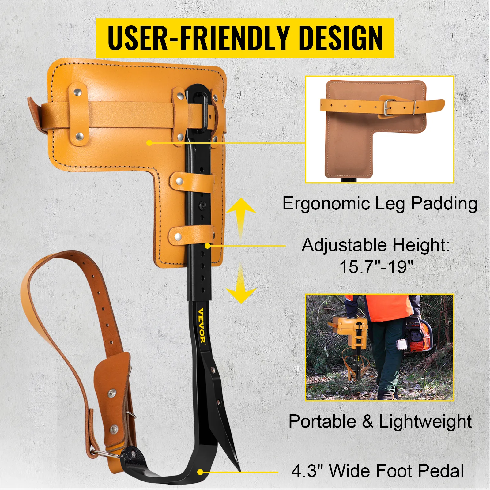 VEVOR tree climbing spikes with ergonomic leg padding and adjustable straps.