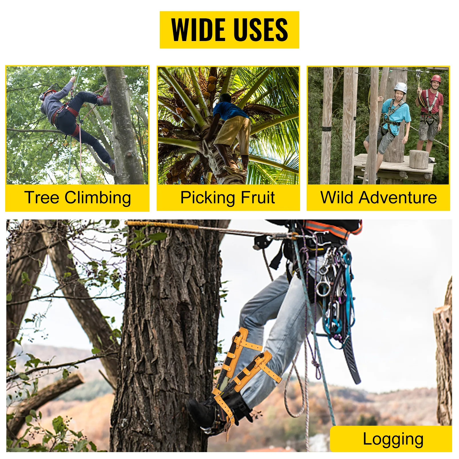 VEVOR tree climbing spikes for climbing, fruit picking, adventuring, and logging.
