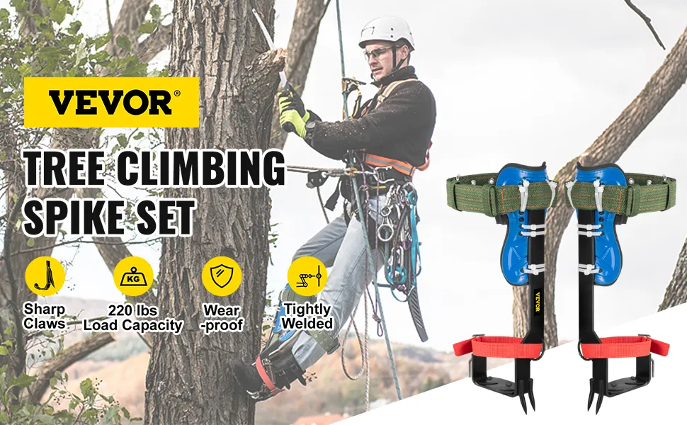 VEVOR tree climbing spike set with sharp claws and 220 lbs load capacity.