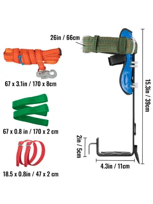 VEVOR tree climbing spikes with adjustable straps and foot support dimensions.