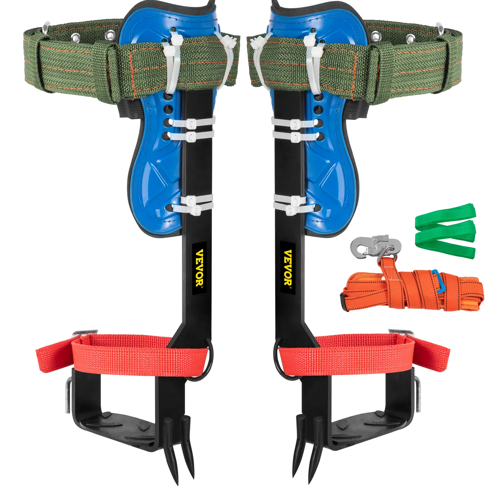 VEVOR tree climbing spikes with green ankle straps, blue padding, and orange safety gear.
