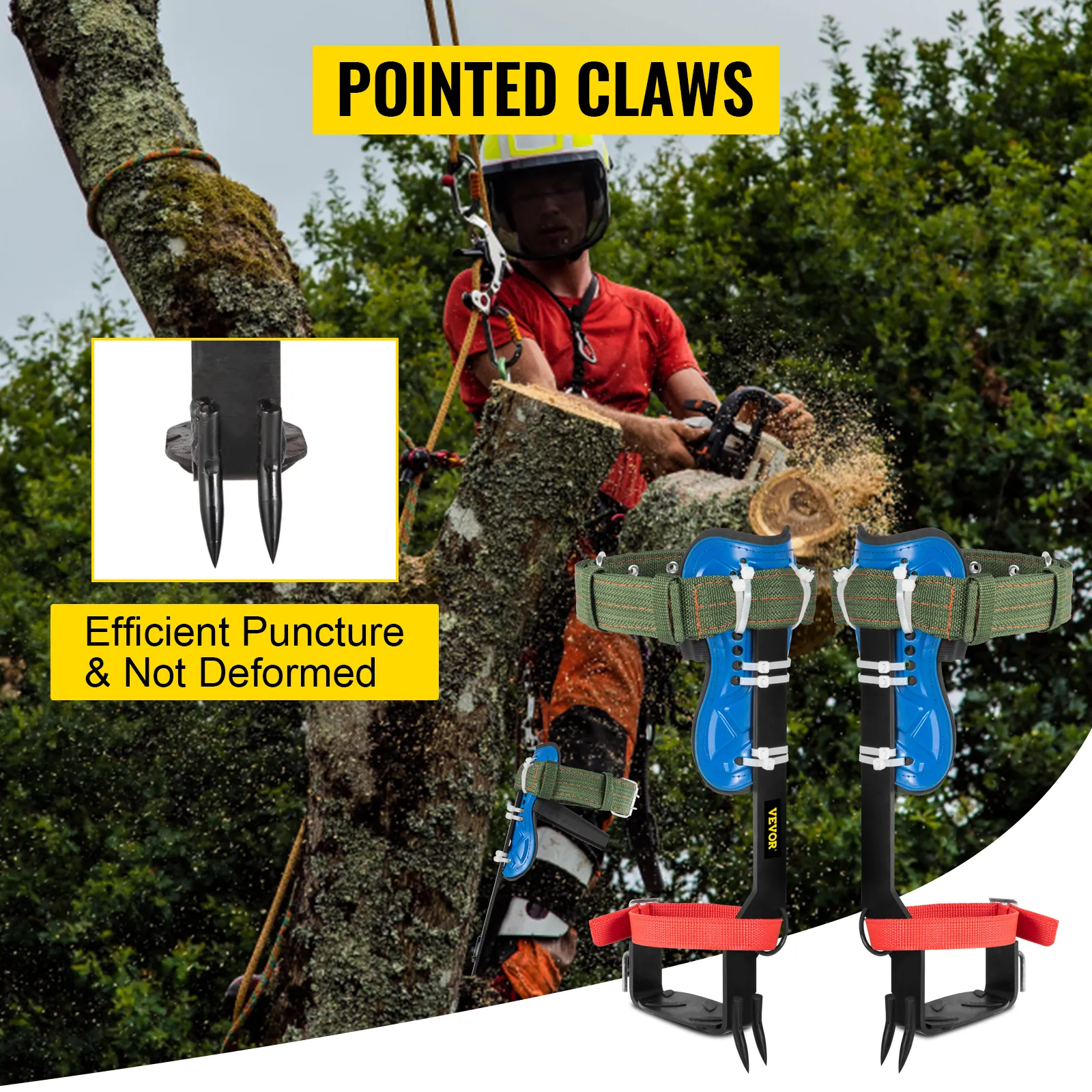 VEVOR tree climbing spikes with pointed claws for efficient puncture and safety.