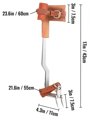 Pinchos para trepar árboles VEVOR con etiquetas de medidas: 23,6 pulgadas, 21,6 pulgadas, 17 pulgadas, 4,3 pulgadas, 3 pulgadas.
