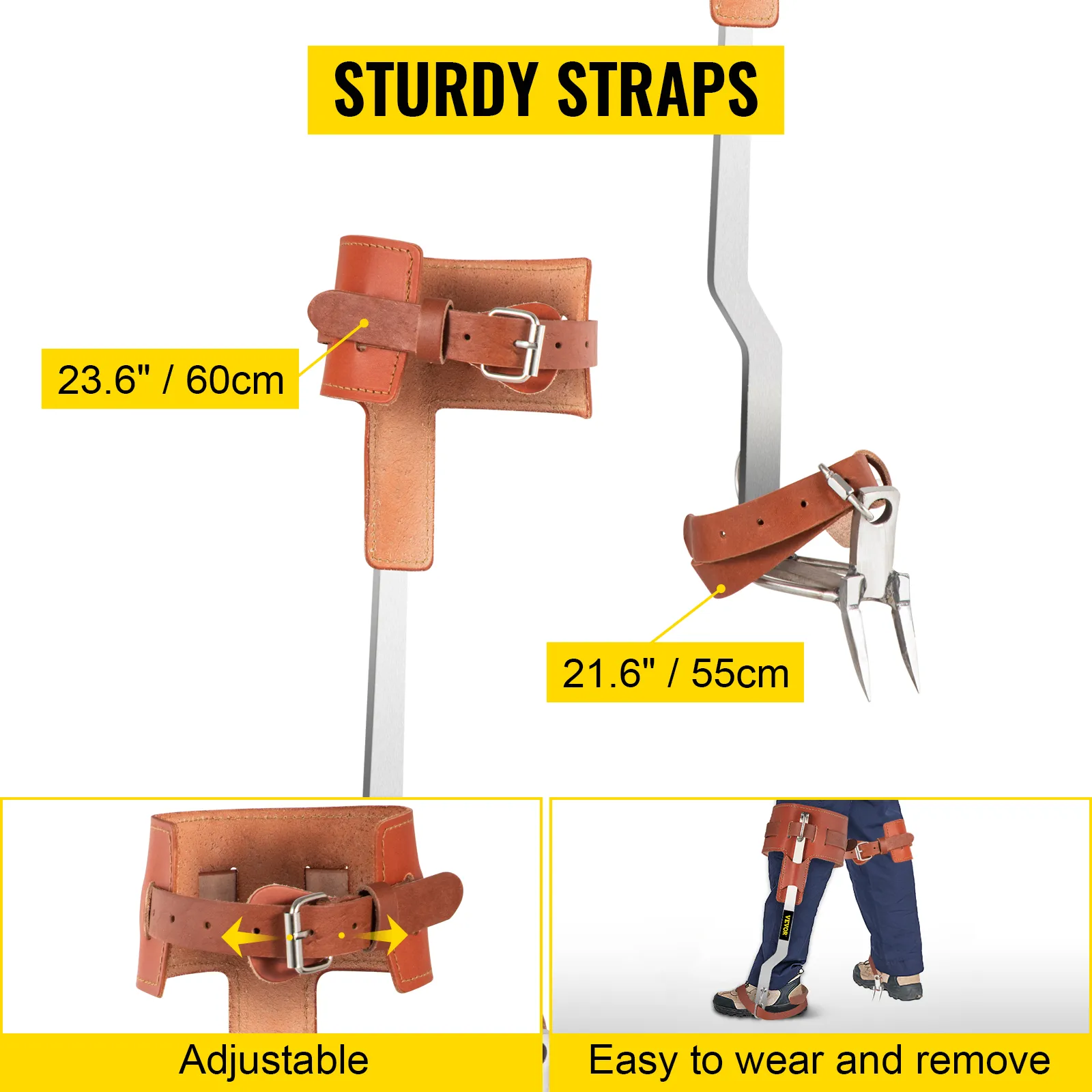 Pinchos para trepar árboles VEVOR ajustables con correas resistentes, medidas 60 cm/55 cm.