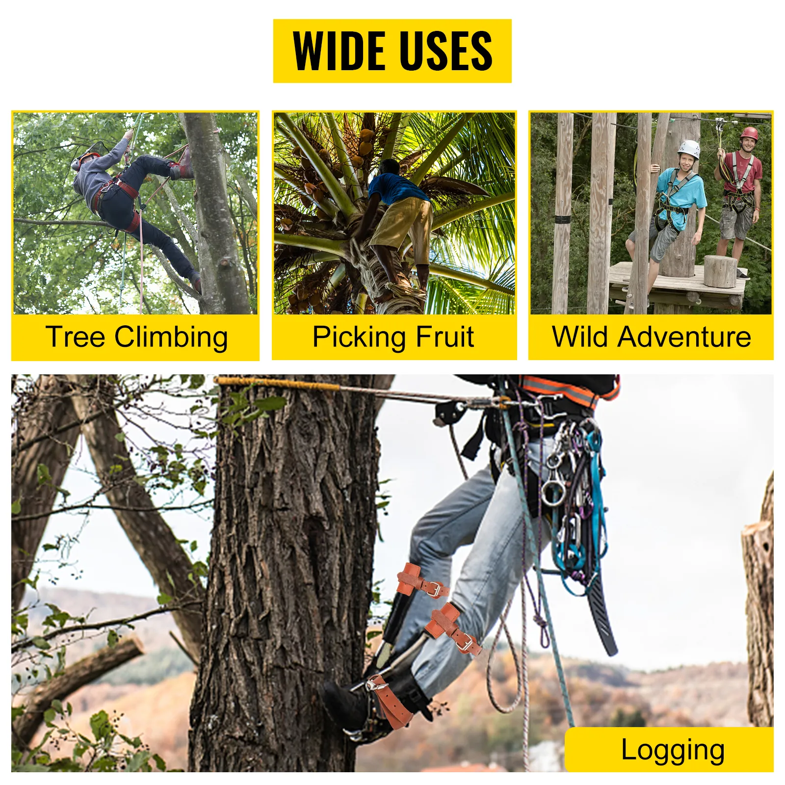 Amplios usos de los pinchos para trepar árboles VEVOR para diversas tareas, como talar árboles y recoger fruta.