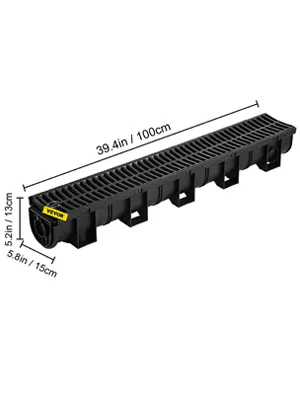 VEVOR trench drain system, 100cm long, black with grid cover, labeled dimensions.