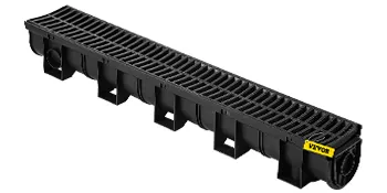 black VEVOR trench drain system with grates and side outlets.