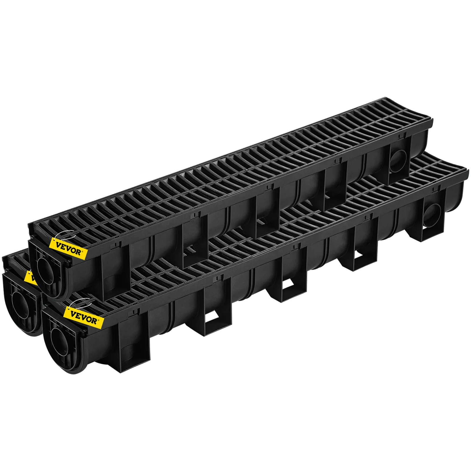 VEVOR trench drain system - stacked black drainage channels with grates.