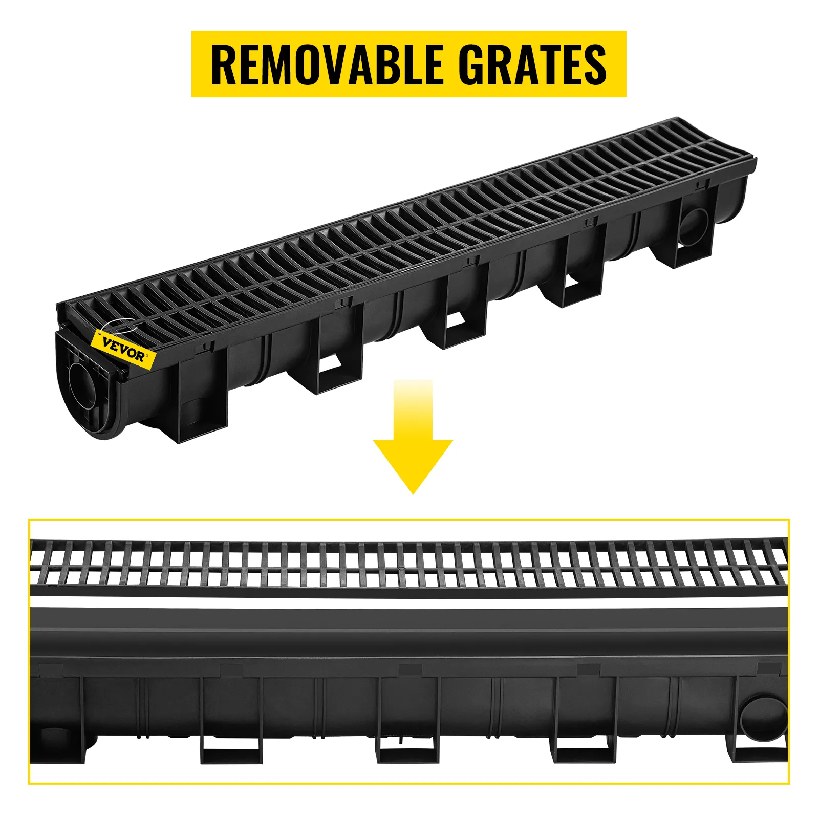 VEVOR trench drain system with removable grates for effective water drainage.