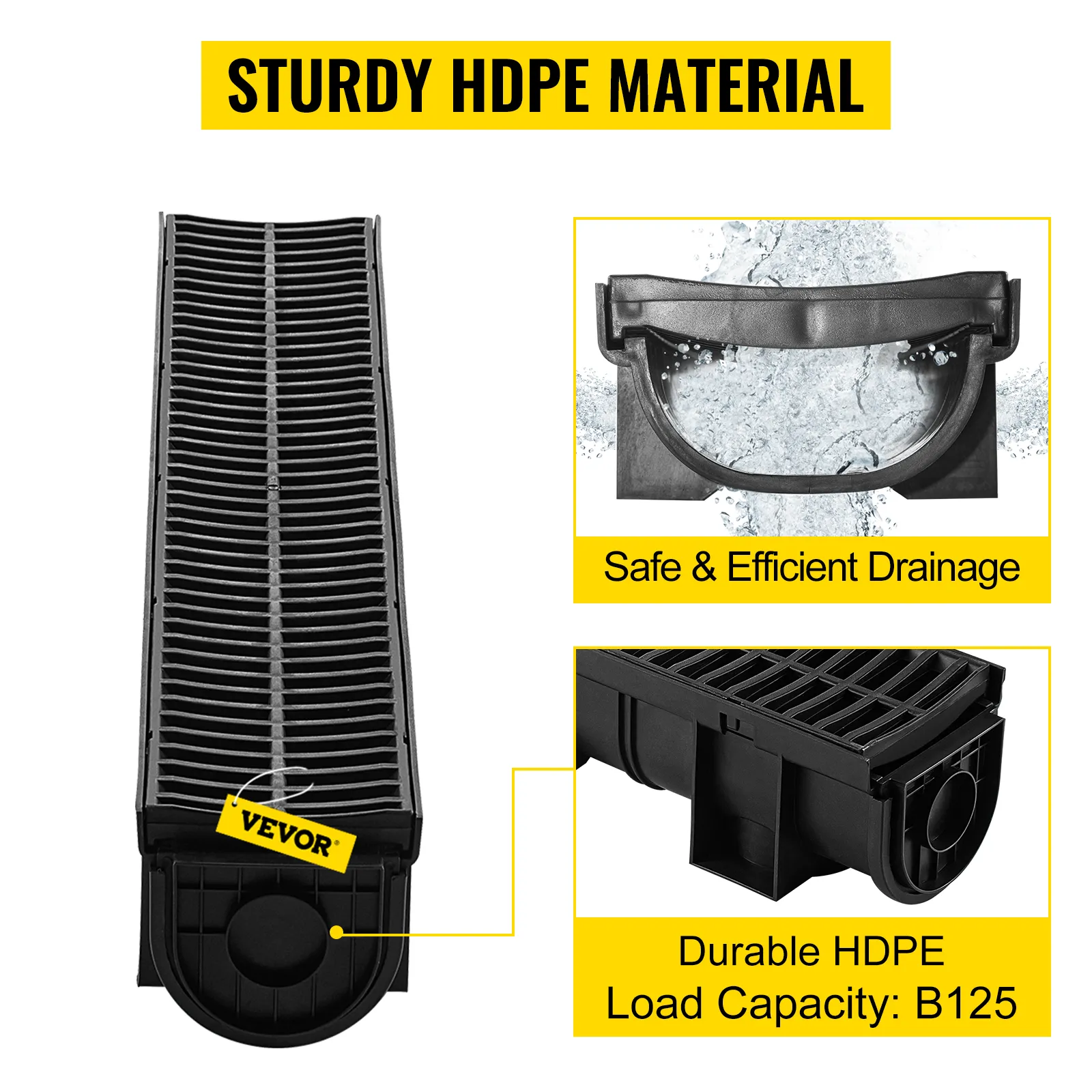 VEVOR trench drain system made of hdpe for safe and efficient drainage, b125 load capacity