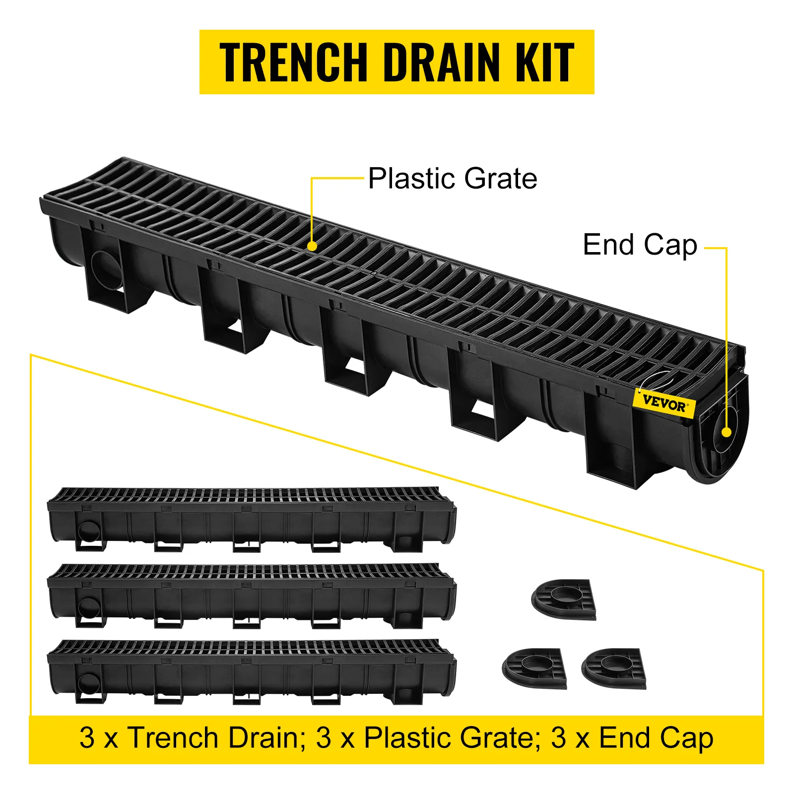 VEVOR trench drain system with 3 plastic grates and end caps displayed.