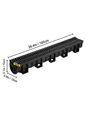 Sistema de drenaje de zanja VEVOR, dimensiones 39,4 x 5,1 x 5,9 pulgadas, negro con detalles etiquetados