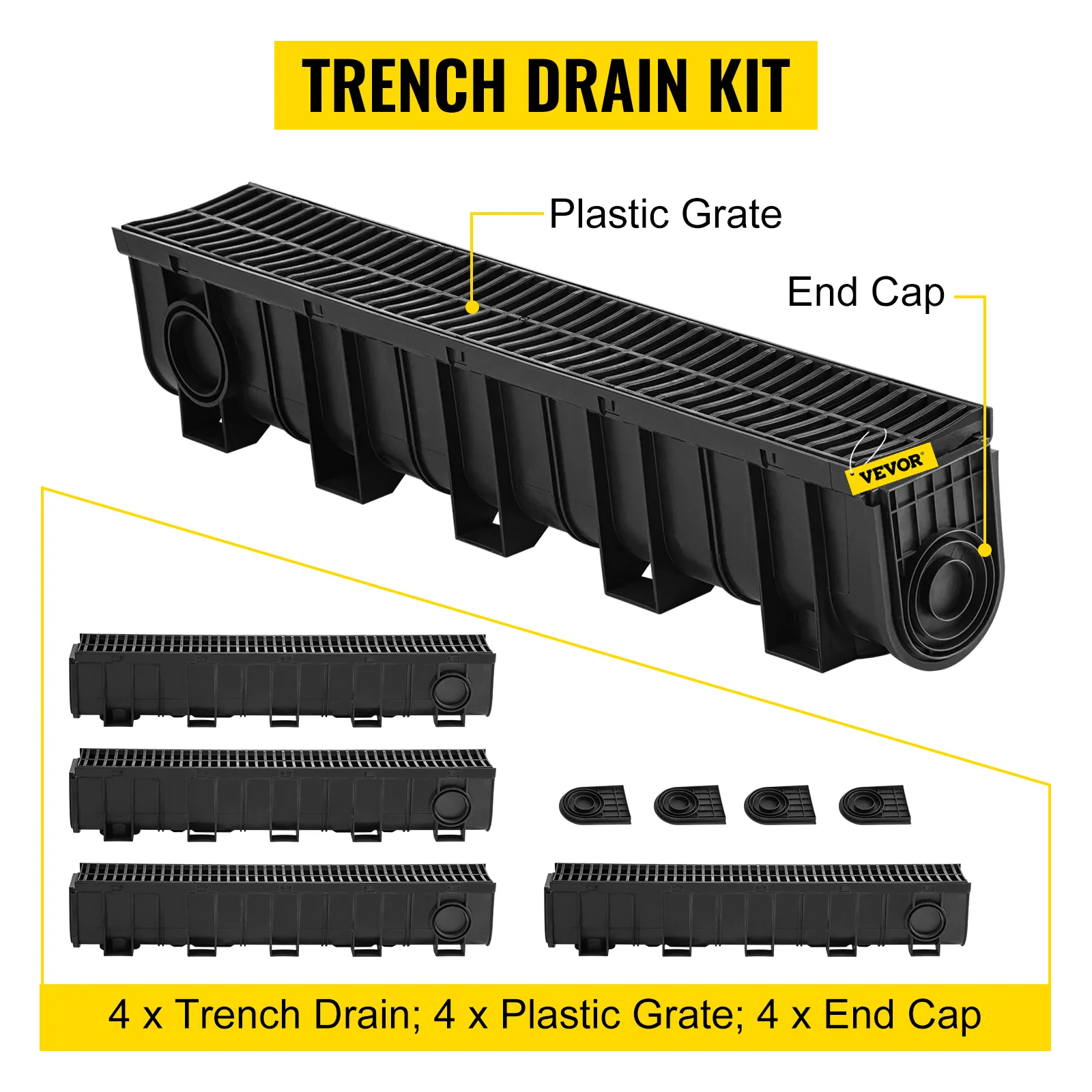 Sistema de drenaje de zanja VEVOR con rejillas de plástico, tapas de extremo y cuatro desagües de zanja.