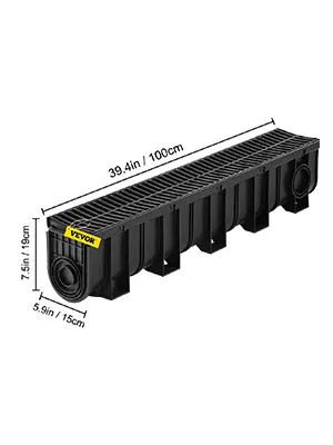 VEVOR trench drain system, 39.4in length with black grate and side outlets.