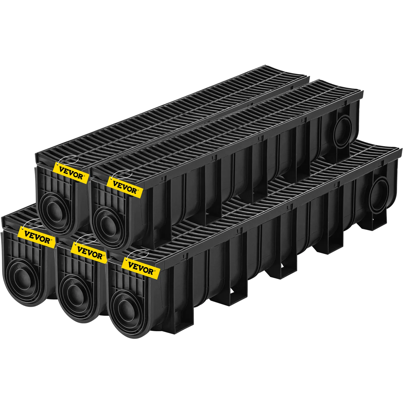 VEVOR trench drain system with black grates and modular design for efficient drainage.