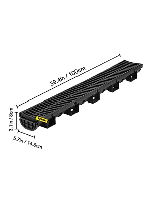 VEVOR trench drain system, black with dimensions: 39.4x5.7x3.1 inches.