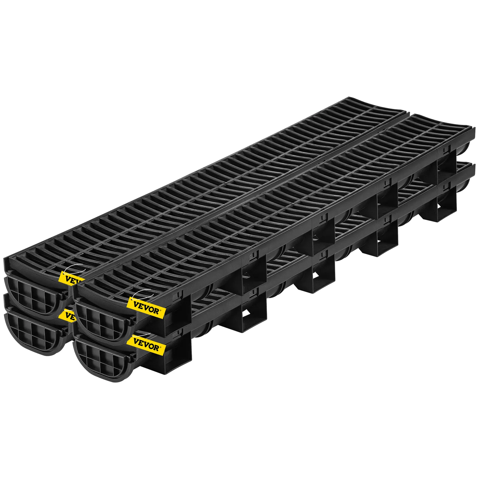 VEVOR trench drain system with black grates and yellow labels stacked side by side.